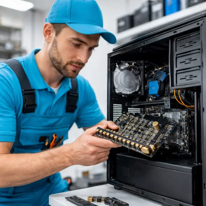 Мастер устанавливает звуковую карту на ПК в Колтушах